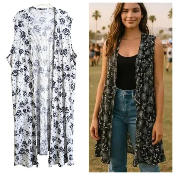 LuLaRoe Plus Size 3X Joy Open Long Longline Vest Cardigan Rose Print Black White - Picture 3 of 12